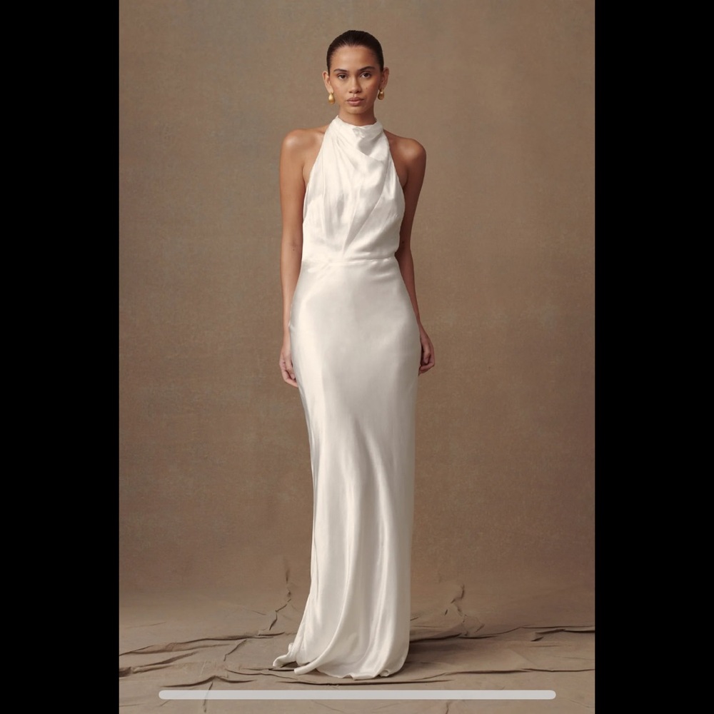 Meshki Esther high-neck halter cowl neck dress in ivory/white!